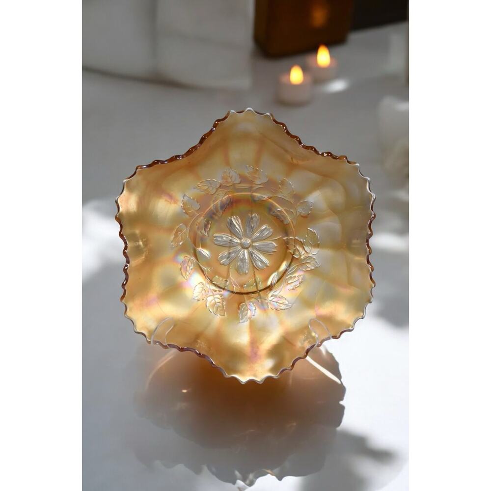 Vintage Cosmos by Dugan Light, Marigold Carnival Satin Iridescent Glass Bowl